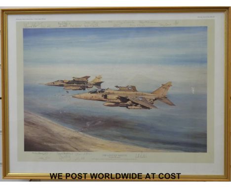 Michael Rondon signed limited edition (90/500) print 'The Longest Minute' RAF Jaguars over Kuwait, with 22 signatures of squa