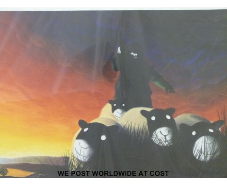 Mackenzie Thorpe signed limited edition (114/850) print of a sheep and shepherd "High on the Land" (40 x 54cm)
