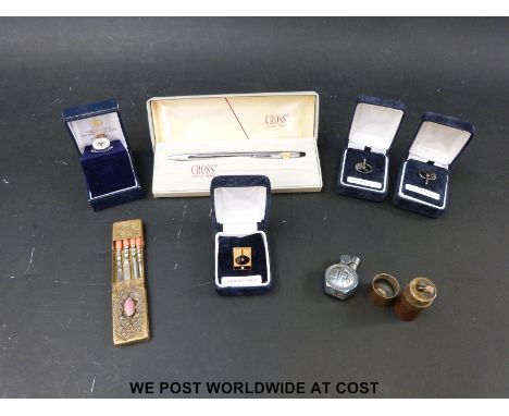 A 9ct gold pin together with two silver pins, an armed forces enamel badge, a Cross pen, NFS lighter, novelty sixpence lighte