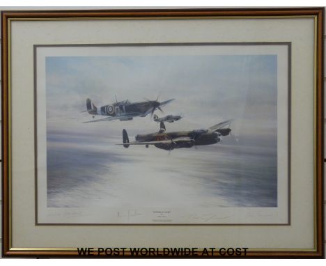 Robert Taylor: "Memorial Flight" signed print - signed by Johnnie Johnson, Leonard Cheshire and Peter Townsend (42 x 60cm)