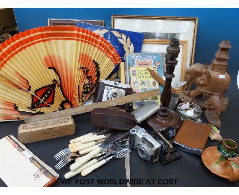 A collection of items to include children's toys, electro plate cutlery, vintage cameras, costume jewellery, sewing box, a ti