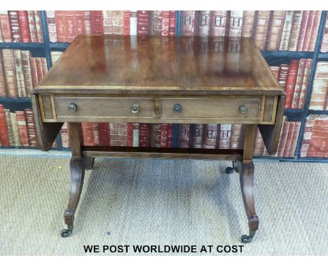 A 19thC mahogany inlaid and crossbanded sofa table fitted with two drawers to one side and two dummy drawers to the other (mi