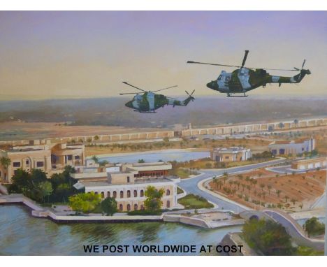 Andrew Quelch oil on canvas 'Army Air Corps Lynx over Basra' monogrammed and labelled verso (51 x 61cm)
