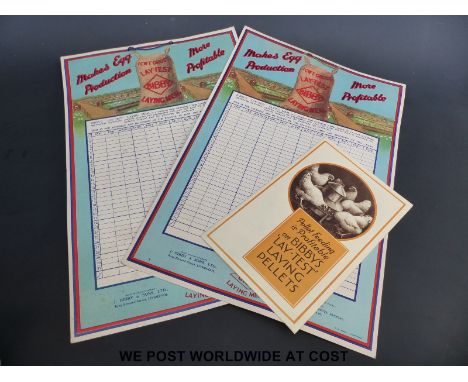 Two 'Bibbys Lay-Test' laying meal egg production charts and related leaflet, probably 1920's/30's