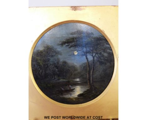 R. Burrows oil on panel, two figures in a boat in a moonlit landscape, signed lower right (diameter 15cm)
