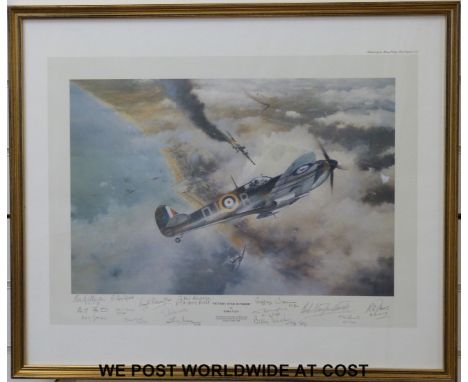 Robert Taylor signed print 'Victory Over Dunkirk' Spitfires with multiple veterans' signatures