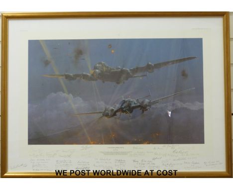 Robert Taylor signed limited edition (453/650) print 'Lancaster Under Attack' signed by 40 veterans, framed and mounted, cert