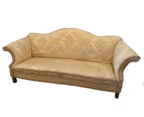 A George III style mahogany framed sofa, with shaped back and scroll arms, upholstered in a yellow silk damask fabric, 96cm (