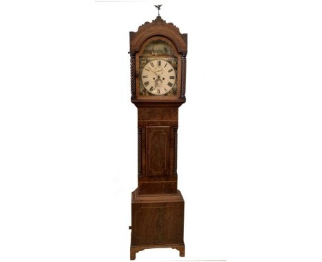 Matt &amp; Co, Cardiff, an early 19th century mahogany longcase clock, with painted arched enamel dial with hunting scenes to