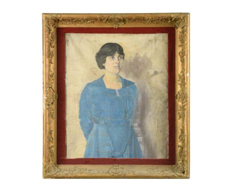 Modern British School, 20th Century  Portrait of a young girl, standing, in a blue dress oil on canvas, sight size 76 x 62cm 