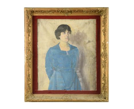 Modern British School, 20th Century  Portrait of a young girl, standing, in a blue dress oil on canvas, sight size 76 x 62cm 