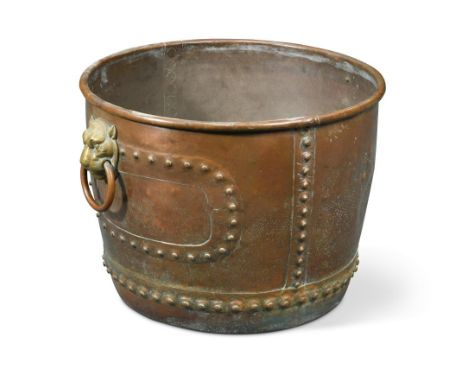 A large 18th century polished copper log bin, with brass lion mask and ring handles 54 x 71cm (21 x 28in)  