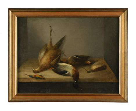 English School, 19th Century  Dead game on a stone shelf in a larder oil on panel 32 x 43cm (12 x 17in)  Some craquelure and 