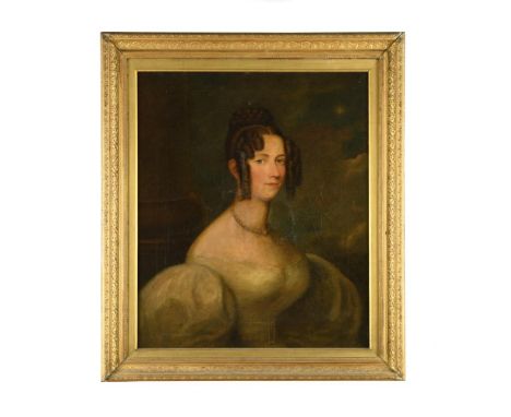 English School, early 19th Century  Portrait of a lady, head and shoulders, in a cream ballgown, pearls and ornate gold earri