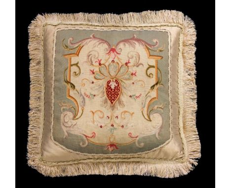A pair of late 18th century Gobelin tapestry faced silk cushions, each with a central cartouche and blue border (2) 59 x 59cm