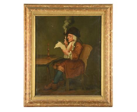 English Provincial School, 18th Century  A gentleman seated in a chamber, reading and holding a candlestick, with the candle 