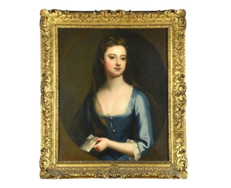 Circle of Michael Dahl (Stockholm 1659 - 1743 London) Portrait of a lady, head and shoulders, in a blue dress, holding a lett