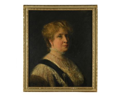 English School, early 20th Century  Portrait of a lady, head and shoulders, in a high-necked lace dress and ruby and gold nec