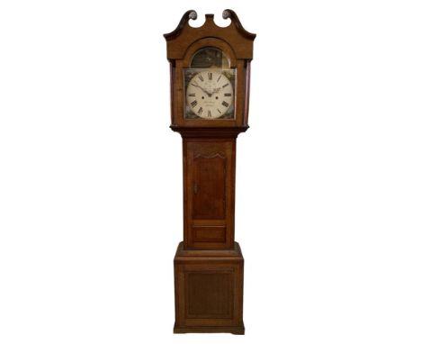 Thos. Beale, Oundle, a 19th century oak and mahogany longcase clock, with a painted arched dial depicting shooting scenes and
