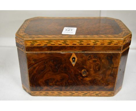 A good Georgian burr wood and inlaid two division tea caddy.
