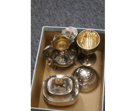 Small silver wares to include a tea caddy, cream jug, pedestal cup and ink well.