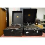 Two HMV table top gramophones.