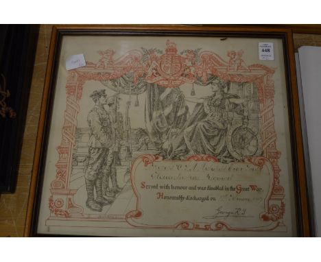 WWI discharge papers, framed and glazed and another item.