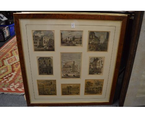 A collection of Architectural and topographical prints, mounted and glazed in three burr wood style frames.