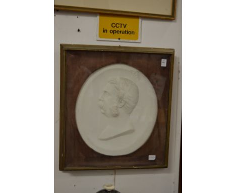 A large relief cast plaster portrait plaque depicting Prince Albert (?), framed and glazed.
