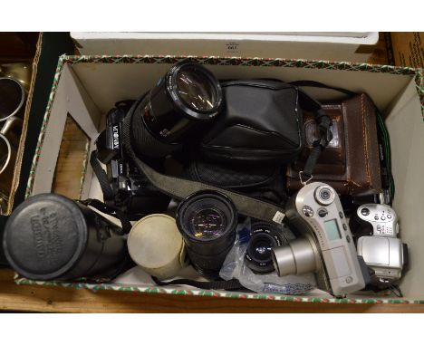A quantity of cameras and camera equipment.