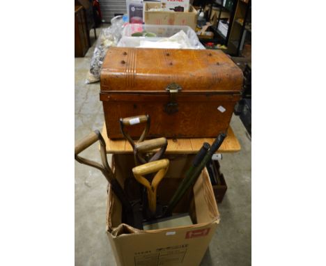 Gardening tools, an old projector, tin trunk, china, linen etc.