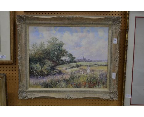 Paul Morgan, two figures picking flowers in a meadow with a country path and trees, oil on board, signed.
