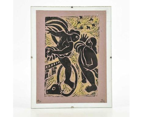 † DAVID GILBERT (1928-2016); linocut, 'The Warning (after Titian)', 30 x 24cm.