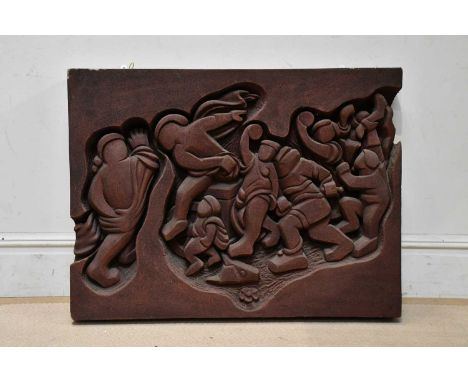 † DAVID GILBERT (1928-2016); carved polyurethane, Bachus and Ariadne (After Titian), 76 x 101cm.