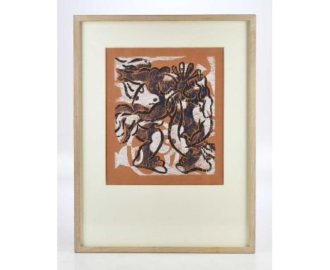 † DAVID GILBERT (1928-2016); woodcut, 'Bacchus and Ariadne (version of Titian)' 40 x 34cm, framed and glazed.