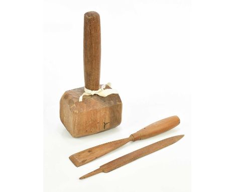 † DAVID GILBERT (1928-2016); carved greenheart, 'The Tools', comprising mallet, length 30cm, chisel, length 30cm and a wood r