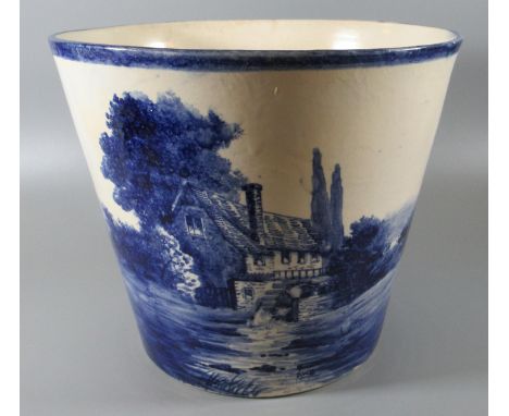 Llanelly art pottery straight sided blue and white Watermill design ice bucket or jardiniere, signed S.W.S for Shufflebotham 