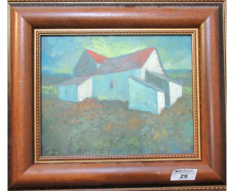 Aneurin M Jones (Welsh 1930-2017), 'Fferm yn Sir Frycheiniog', signed verso, acrylic on board. 20 x 25cm approx. Framed. (B.P