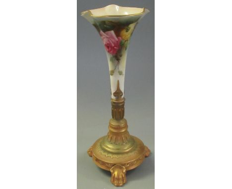 Early 20th Century Royal Worcester porcelain trumpet shaped vase hand painted with roses and foliage, standing on a circular 