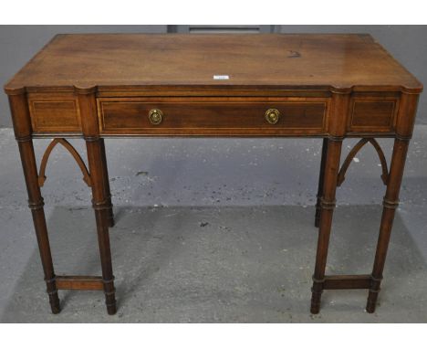 19th Century mahogany inlaid side table, the shaped top above a single drawer, standing on four ring turned front legs. 108 x