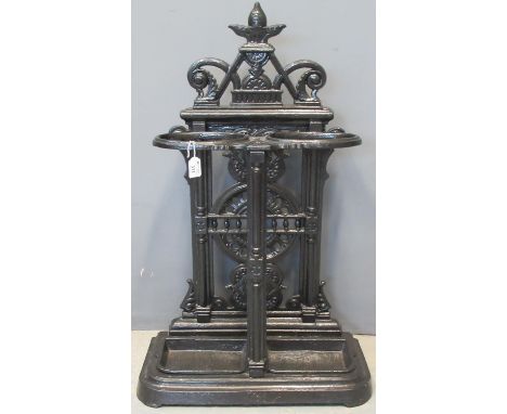 Coalbrookdale style late Victorian painted cast iron stick and umbrella stand with pierced scrollwork back and two trays to t