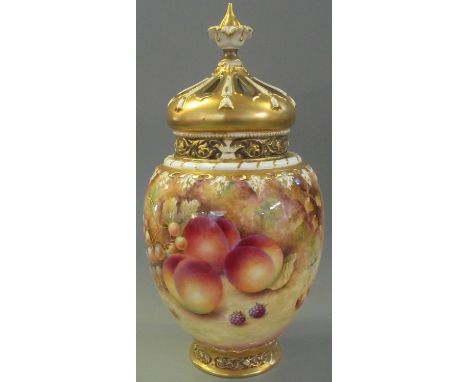 Royal Worcester 1970's porcelain crown top pot-pourri vase and reticulated cover, hand painted with fruits, berries and folia