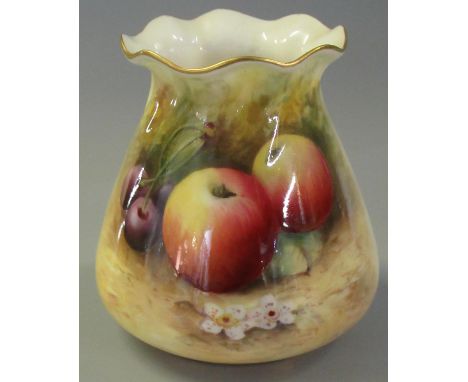 Royal Worcester porcelain vase of tapering form with frilled edge, hand painted with fruits and flowers, signed by Moseley, p