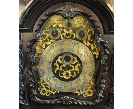 Edwardian Rococo style three train longcase clock of significant proportions, the case overall with C scroll and foliate moul