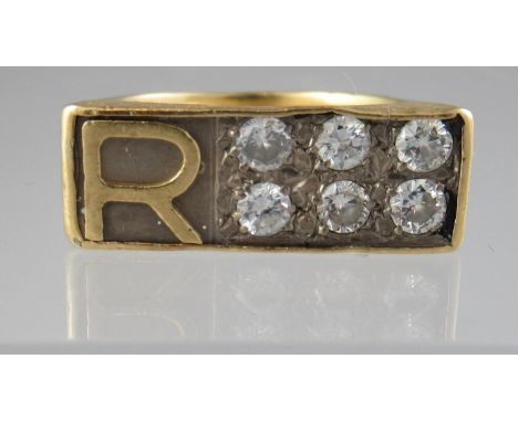 18ct gold bark effect ring set with six diamonds and the initial R.  Ring size U. Approx weight 15.7 grams.(B.P. 21% + VAT) 