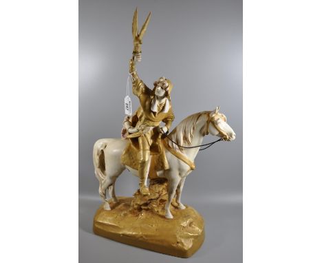 Royal Dux Art Nouveau porcelain figure of a huntsman on horseback standing on a naturalistic base, shape no. 1825 with pink t