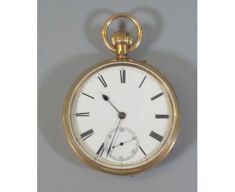 18ct gold key less open faced gentleman's pocket watch with Roman enamel face having seconds dial, the lever movement marked 