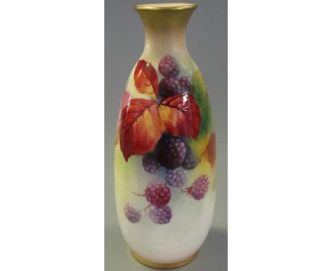 Royal Worcester porcelain bottle shaped vase signed by K. Blake and hand painted with autumn leaves and berries, puce printed