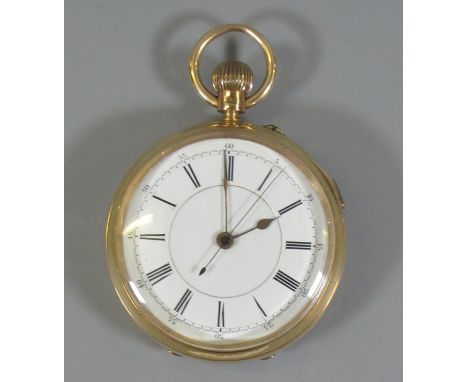 18ct gold open faced key less gentleman's pocket watch with sweep seconds hand, white enamel Roman face, the movement marked 