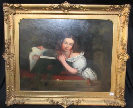British school (19th Century), portrait of a young girl with album and robin, believed by the family to be a young Queen Vict